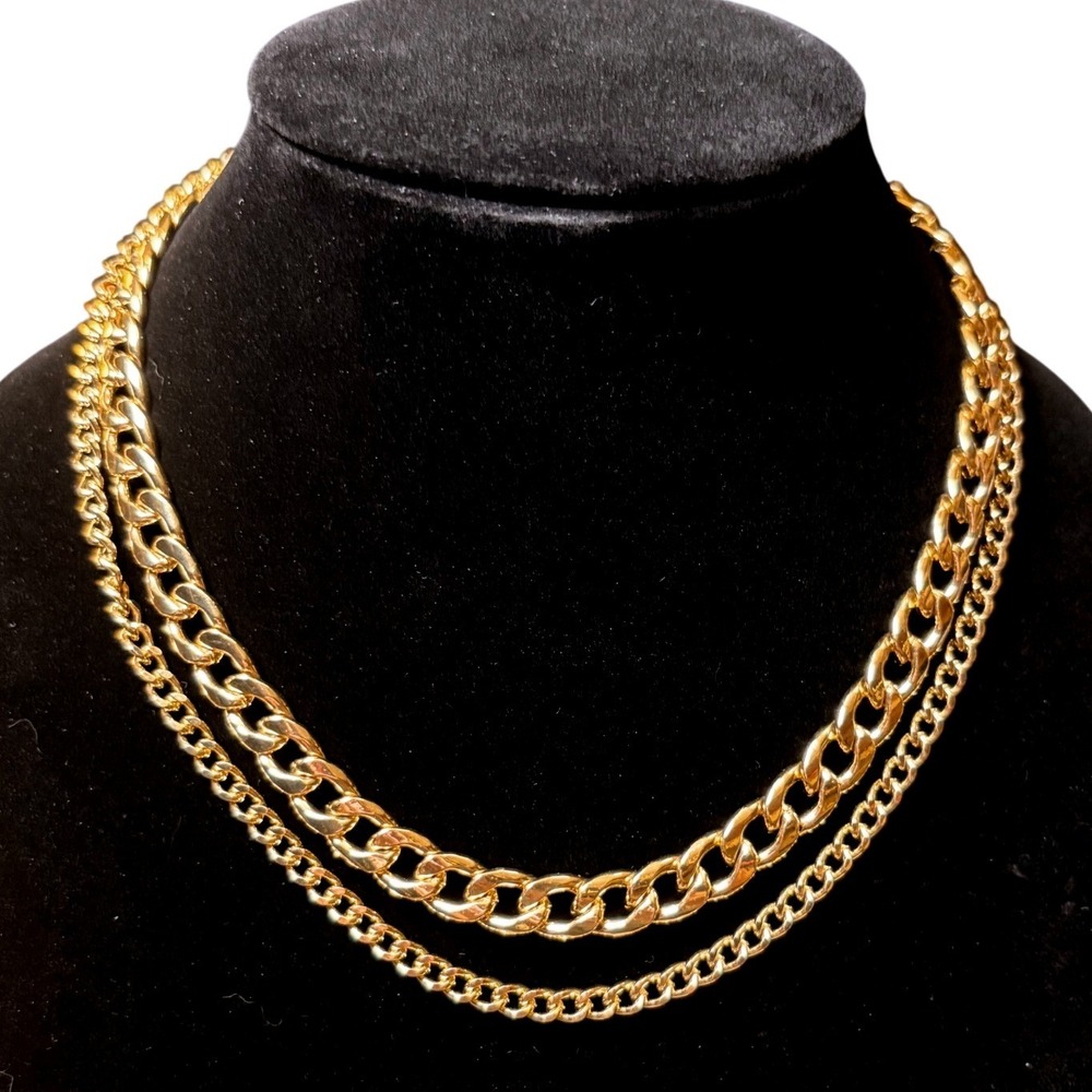 Gold Tone Tiered Curb Link Layered Chain Necklace Women's Statement Chic
